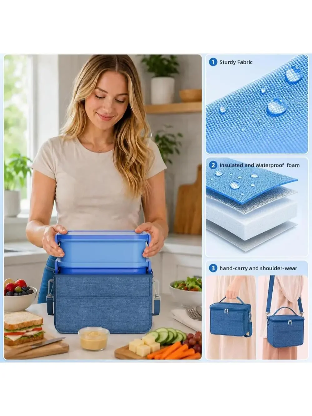 Stackable Bento Lunch Box Set with Insulated Carry Bag, Blue and Gray